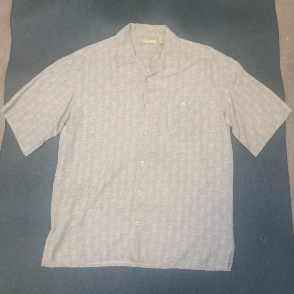 Bobby Chan 100% Silk Geo Print Button Down Shirt, Size Med Tan